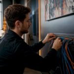 Hands connecting network cables in server rack