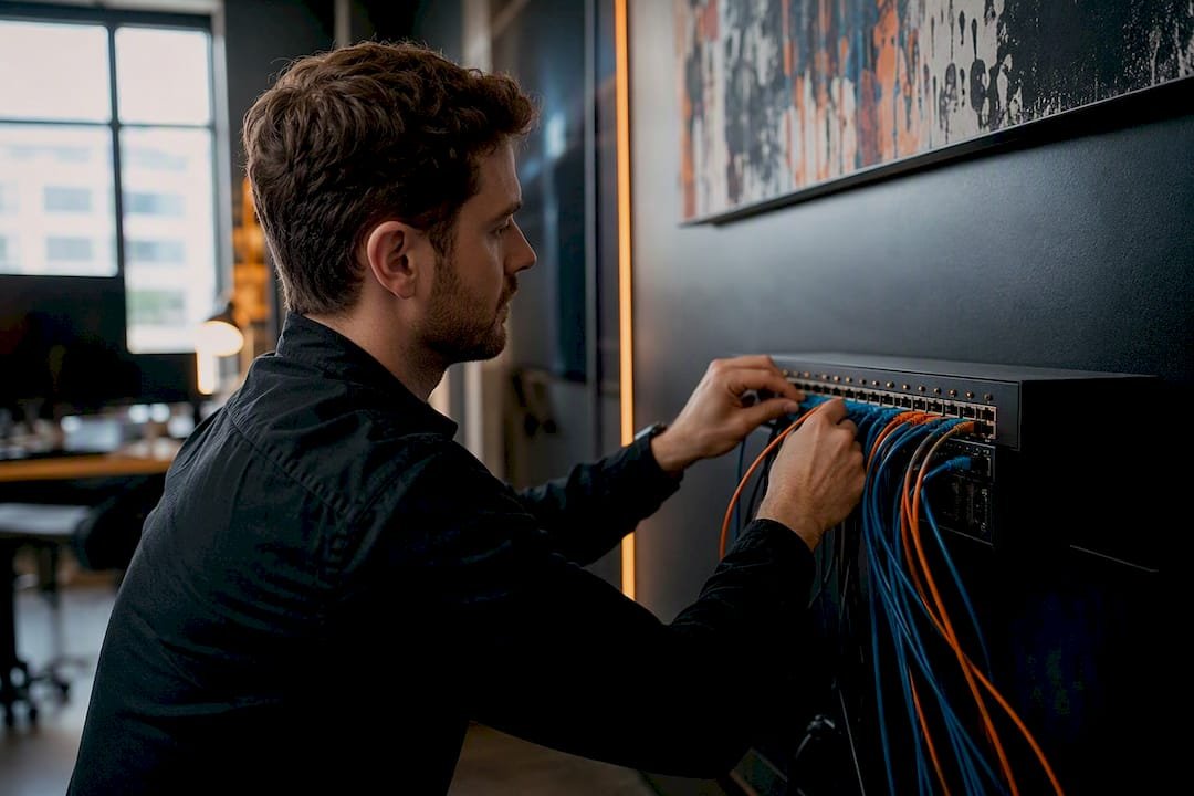 Hands connecting network cables in server rack