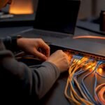 Hands wiring network hardware with glowing lights