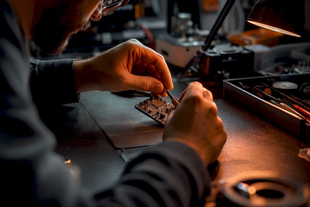 Hands soldering electronic circuit board