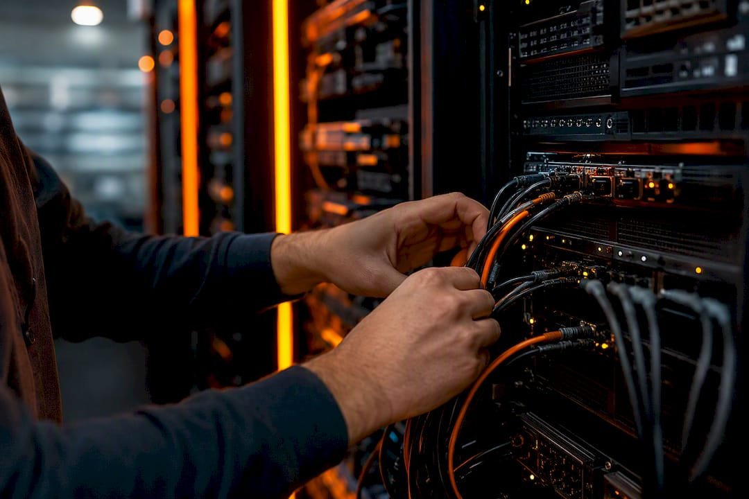 Hands wiring server hardware with cables