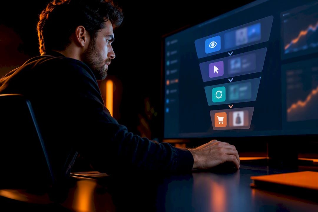 Marketer reviewing a multi-stage ad funnel